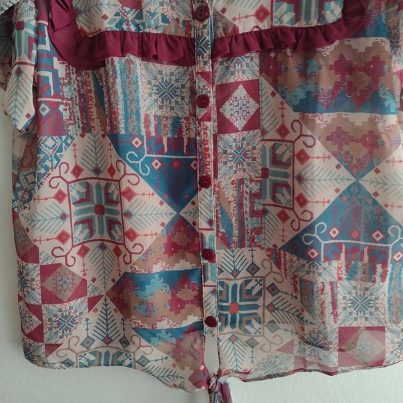 Double D Ranch Prairie Patch Western Blouse XL Bohemian Flutter Sleeve Top - Picture 7 of 12